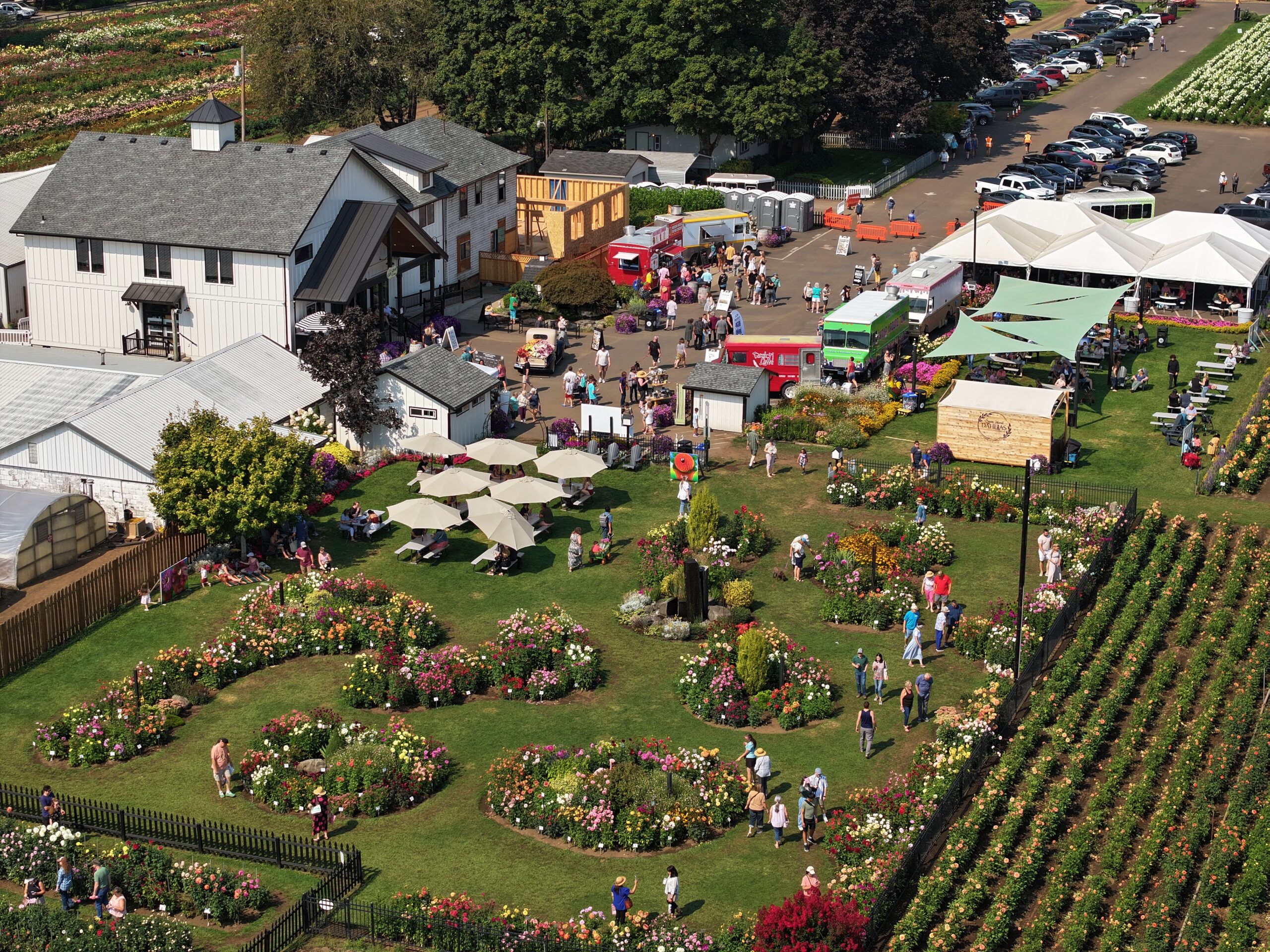 An aerial view of a flower festival with visitors walking through colorful flower gardens. Food trucks and tents are set up nearby, and vehicles are parked in the background.